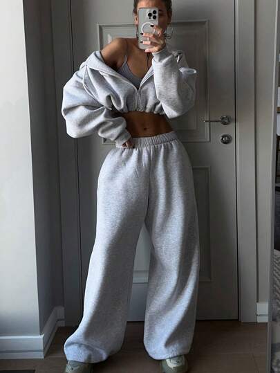 INAWLY 2 peças mulheres casual simples cropped hoodie e sweatpants conjunto, outono/inverno