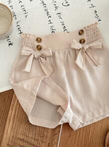 SHEIN LMoss Kids Baby Girl Casual Khaki Bow Decor Shorts, Summer