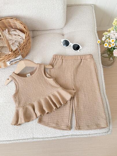 女宝宝夏季纯色纹理无袖上衣和松紧腰宽松裤子套装