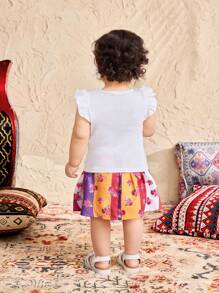 SHEIN Babygirl Cute Cartoon & Floral Print Knit Top And Mini Skirt 2pcs Set, Summer - Multicolor - View 2