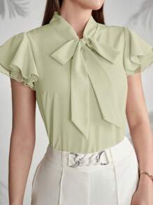 Modelyn Women's Elegant Solid Color Tie-Neck Blouse