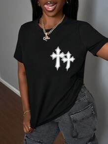 Slaydiva Casual Street Minimalist All-Match Versatile Sexy Cross Print Round Neck Short Sleeve Loose Cropped Women Top T-Shirt