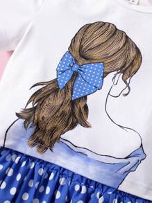 Set de 2 piezas: Blusa de manga corta y cuello redondo con estampado de niña con cola de caballo, y falda plisada a juego con fondo azul y lunares blancos, estilo campus para salidas, para niñas jóvenes - Blanco - Ver 3