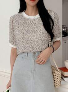 DAZY 女款碎花荷叶边纹理圆领泡泡袖 T 恤，春夏