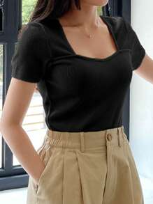 DAZY Women's Solid Color Square Neck Short Sleeve T-Shirt, Simple Fashion Casual Everyday Wear