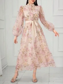 Modelyn 女士花卉印花灯笼袖前扣优雅连衣裙 - 彩色 - 查看 5