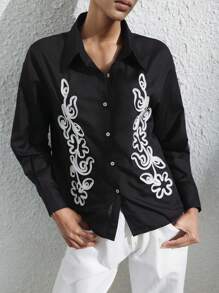 SHEIN Privé Minimalist Elegant Luxurious Retro Design Casual Versatile Black Lapel White 3D Embroidery Women Long Sleeve Shirt - Black - View 2