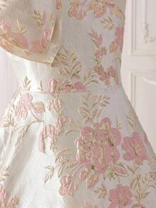 SHEIN Mädchen Tween elegantes Kleid aus luxuriösem Brokat-Stoff mit Blumendekor, asymmetrischer Schulter, tailliert, knielang. Blumenmädchen Kleid für Valentinstag, Party/Schulanfang, damenhaft, Prinzessinen-Stil, Hochzeitssaison, Geburtstagsparty - Pink - Übersicht 5