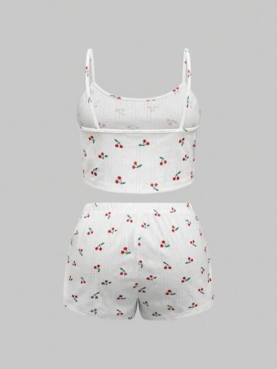 Kawaii Ensemble pyjama décontracté d'été, camisole et shorts, avec un imprimé fleurs de cerisier ajourées sur tissu tricoté texturé de style campagnard, grande taille