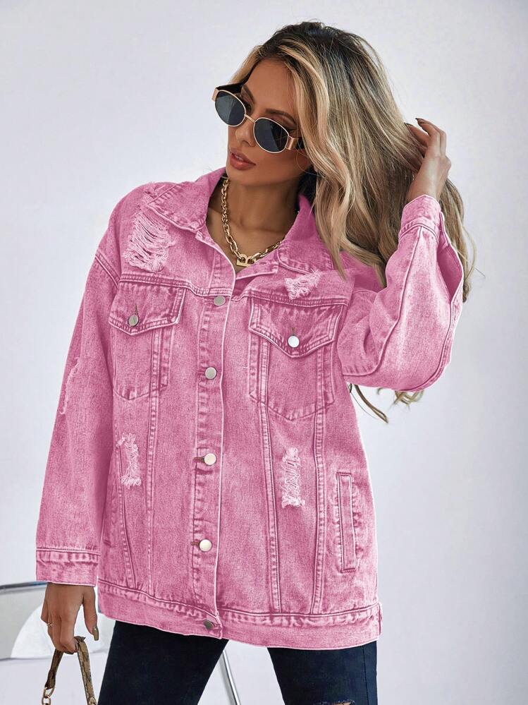 SHEIN Essnce Casual Washed Vintage Distressed Denim Jacket Winter Thanks Giving Pink - Pink - View 4