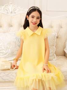 Holiday,Summer,Travel  Tween Girls Elegant Yellow Mesh Patchwork Faux Fur Midi Dress - Yellow - View 3