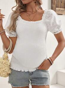 SHEIN Comfortable Eyelet Embroidered Puff Sleeve Sealed Maternity Top
