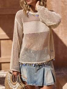 LanaWest Sequined Fringe Western Style Knit Loose Cover Up Sweater For Women Knit Pullover Fall Winter Sweater - Apricot - View 6