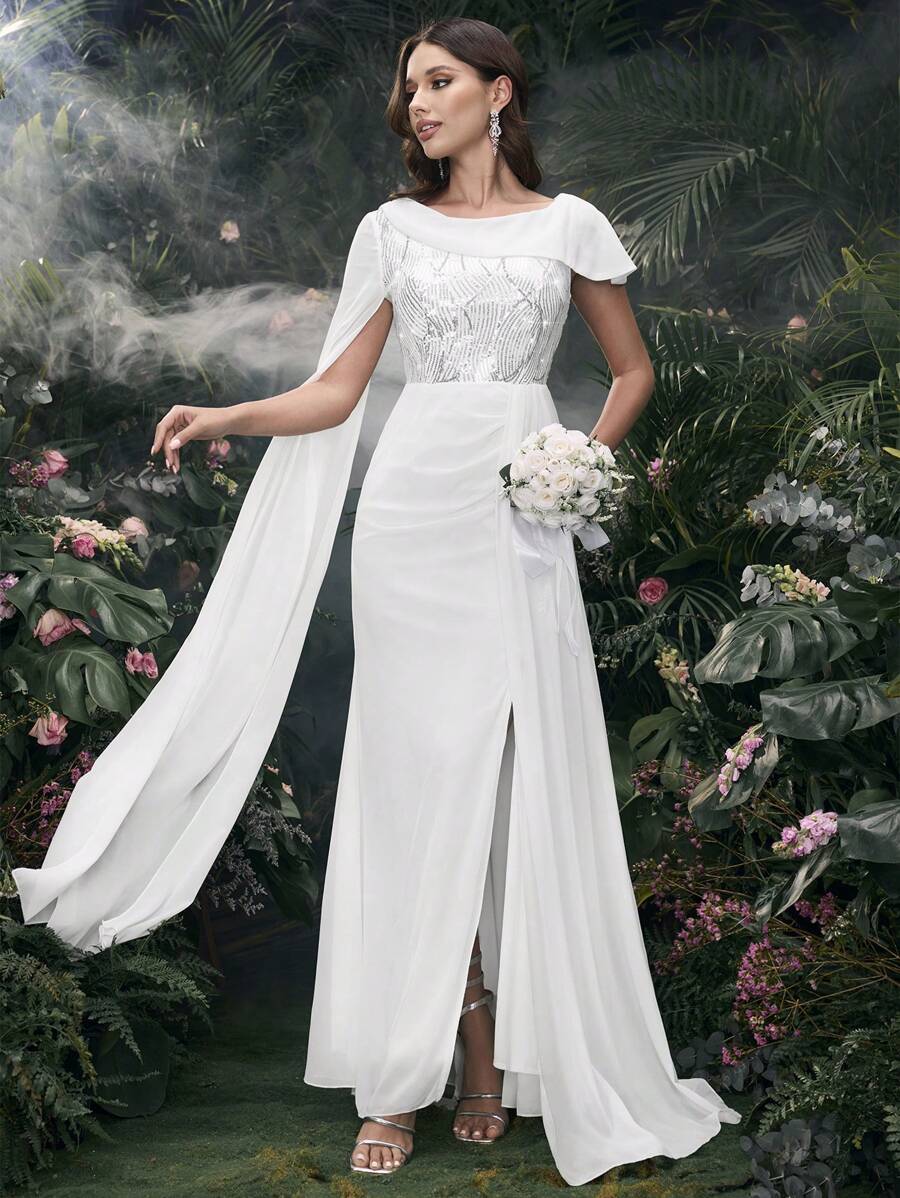 Coutiva Lightweight Wedding Dress & Evening Gown, Premium Design With Sequins Splicing, Elegant & Minimalist Style Music Festival Spring/Summer,Bride - White - View 1