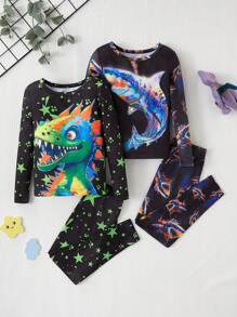 2 件装男童夜光鲸鱼恐龙星星印花紧身长袖上衣和长裤睡衣套装（2 套单独出售） - 彩色 - 查看 6