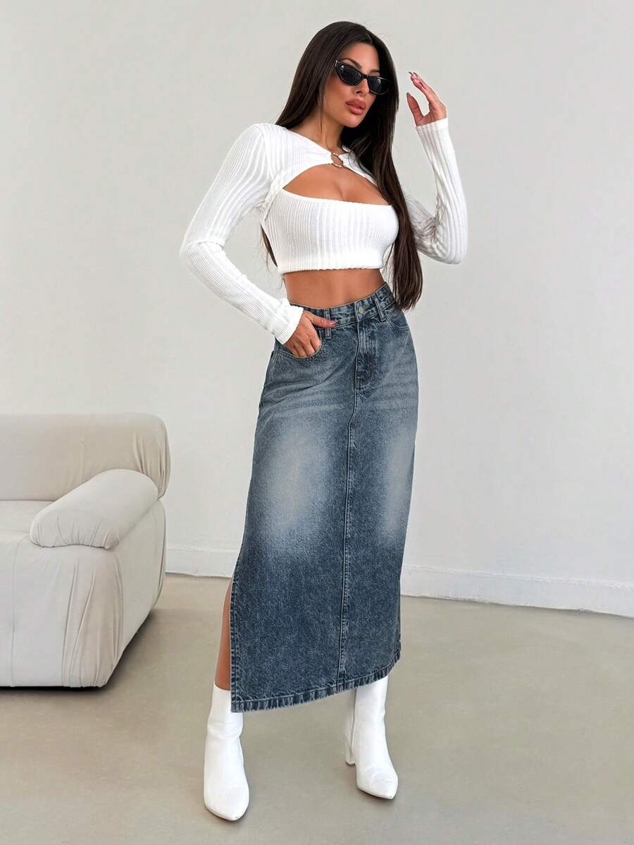 RueChic WOMEN HIGH WAIST SLASH DETAIL MAXI SKIRT - Medium Wash - View 1