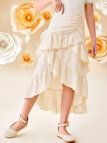 SHEIN Girlism Tween Girls' Casual Loose Layered Ruffled Uneven Hem Mid-Length Skirt - Apricot - View 4