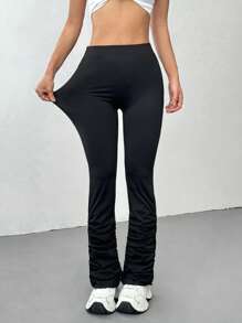 Flirla Low Waist Ruched Hem Flare Leggings, Versatile Base Layer Fall Cloth For Women - Black - View 3