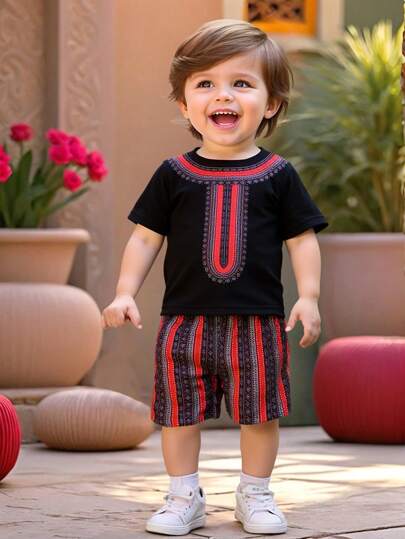 Baby Boy Black Graphic Print Collar Short Sleeve T-Shirt And Shorts Set, Suitable For Multiple Occasions