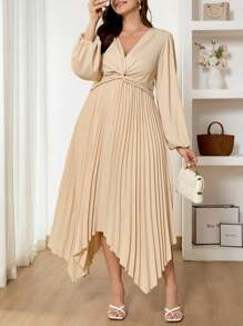 SHEIN Frenchy Plus Size Elegant Solid Color Lantern Sleeve Twist Elegant Women Dresses Old Money Pleated Midi Dress