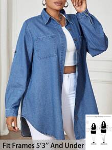 SHEIN PETITE CURVE Women Plus Size Casual Blue Denim Long Shirt Summer,Vacation Woman,Easter,Spring,Western,Office For Women,Rave,Baby Shower,Cottagecore,Country Women,Old Money Style Women,Going Out,Festival,Rodeo,Airport For Women,Kpop,Tropical Vacation Woman,Nashville,European Summer,Concert,Cowgirl,Graduation Beach For Woman,Vacation Women,Beach,Boho Women,Cruise Attire Women,Old Money Style Women,Ibiza,Boho Chic,Boho Top Rave Top Going Out Tops - Blue - View 1