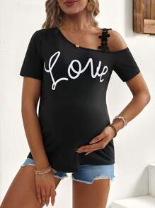 SHEIN Maternity Summer Asymmetric Neck Ruffle Sleeve Printed Short Sleeve T-Shirt - Black - View 5
