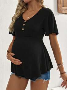 SHEIN Maternity Simple Color Short Sleeve T-Shirt, Casual And Fashionable For Everyday Wear