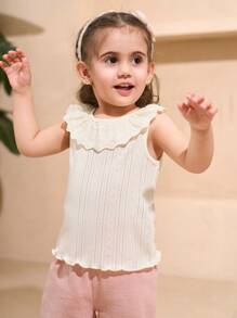 SHEIN 2pcs/Set Baby Girls Pink & Apricot Color Top With Ruffle Collar Casual Outfit, Suitable For Outdoor Wear, Spring/Summer - Black - View 3