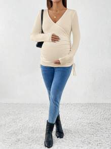 SHEIN Maternity Ribbed Knit Slim Fit V-Neck Long Sleeve T-Shirt With Ruched Side Tie, Beige - Apricot - View 6