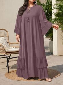 Mulvari 大码假日休闲纯色荷叶边下摆连衣裙 - 淺灰紫 - 查看 3