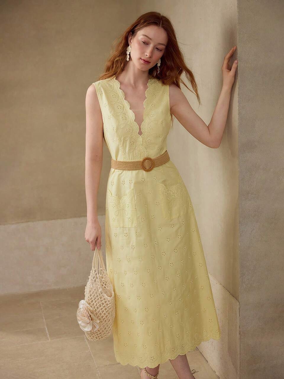 MOTF 100% COTTON EYELET EMBROIDERY SLEEVELESS MIDI DRESS, SUMMER DRESS