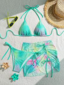Swim SXY 3pcs/Set Tie-Dye Mesh Fabric Halter Crop Top, Knotted Shorts & Bowknot Hem Skirt Bikini Swimwear Set, Resort Beachwear, For Summer Vacation