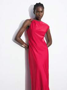 Maija Women's Red Summer Dress With Asymmetrical Sleeve Length, Shoulder Twist Metal Decor, Elegant Solid Color Satin Crepe Fabric, Asymmetric Neckline, Fashion Versatile For Holiday, Party, Music Festival