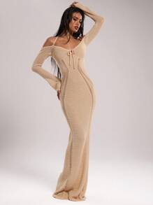 SHEIN BAE Vestido de punto ajustado con hombros descubiertos y lazo delantero de unicolor, ropa de San Valentín, atuendos de vacaciones, atuendos de verano para mujer, suéteres para mujer, vestidos de verano para mujer, atuendos de playa para mujer, ropa occidental para mujer, vestido de suéter para mujer, vestido de verano para mujer en otoño/invierno