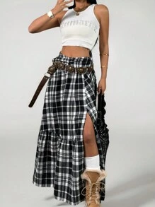 SHEIN Tween Girls Spring/Summer Plaid Print High Slit Ruffle Hem Skirt - Black - View 5