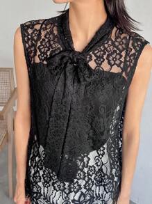 FRIFUL Women's Black Sheer Lace Blouse With Bowknot Collar, Elegant Summer Wear - Black - View 3