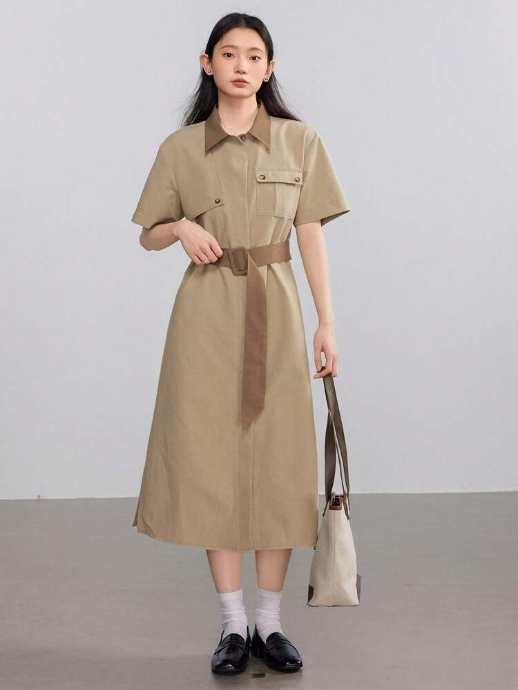 Business Casual Loose Minimalist Cinched Waist Big Pocket Cargo Style Color Block Short Sleeve Women Midi Dress Sundress Shirt Dress,Teacher Outfits