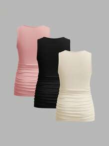 Modmama 3pcs Maternity Women's Solid Color Slimming Tank Tops, Casual & Simple, Suitable For Summer - Pink - View 2