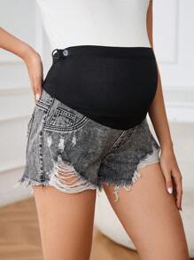 SHEIN Celana Pendek Denim Pinggang Tinggi Sobek Cuci Kasual untuk Ibu Hamil Musim Panas - Grey - View 1