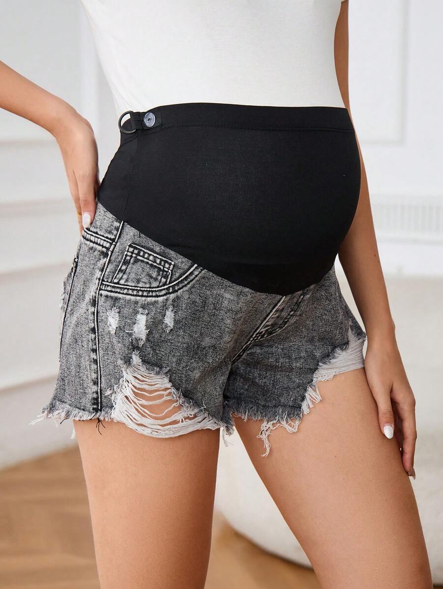 SHEIN Celana Pendek Denim Pinggang Tinggi Sobek Cuci Kasual untuk Ibu Hamil Musim Panas - Grey - View 1