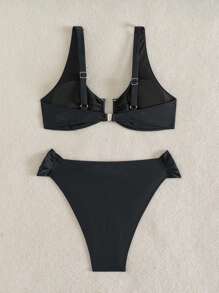 SHEIN Swim 女士两件套沙滩装，夏季新款 U 领带钢圈上衣和高腰比基尼泳裤 - 黑色 - 查看 4