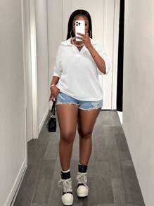 Slaydiva Loose Fit Solid White V-Neck Drop Shoulder Casual Vacation Hollow-Out Knit Plus Size T-Shirt Top For Women, Spring/Summer - White - View 7