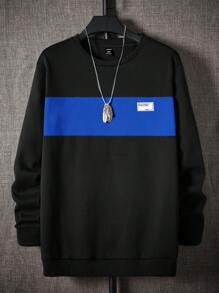 Manfinity VCAY Plus Size Men's Solid Color Patchwork Long Sleeve Casual Knit Sweatshirt - Blue - View 1