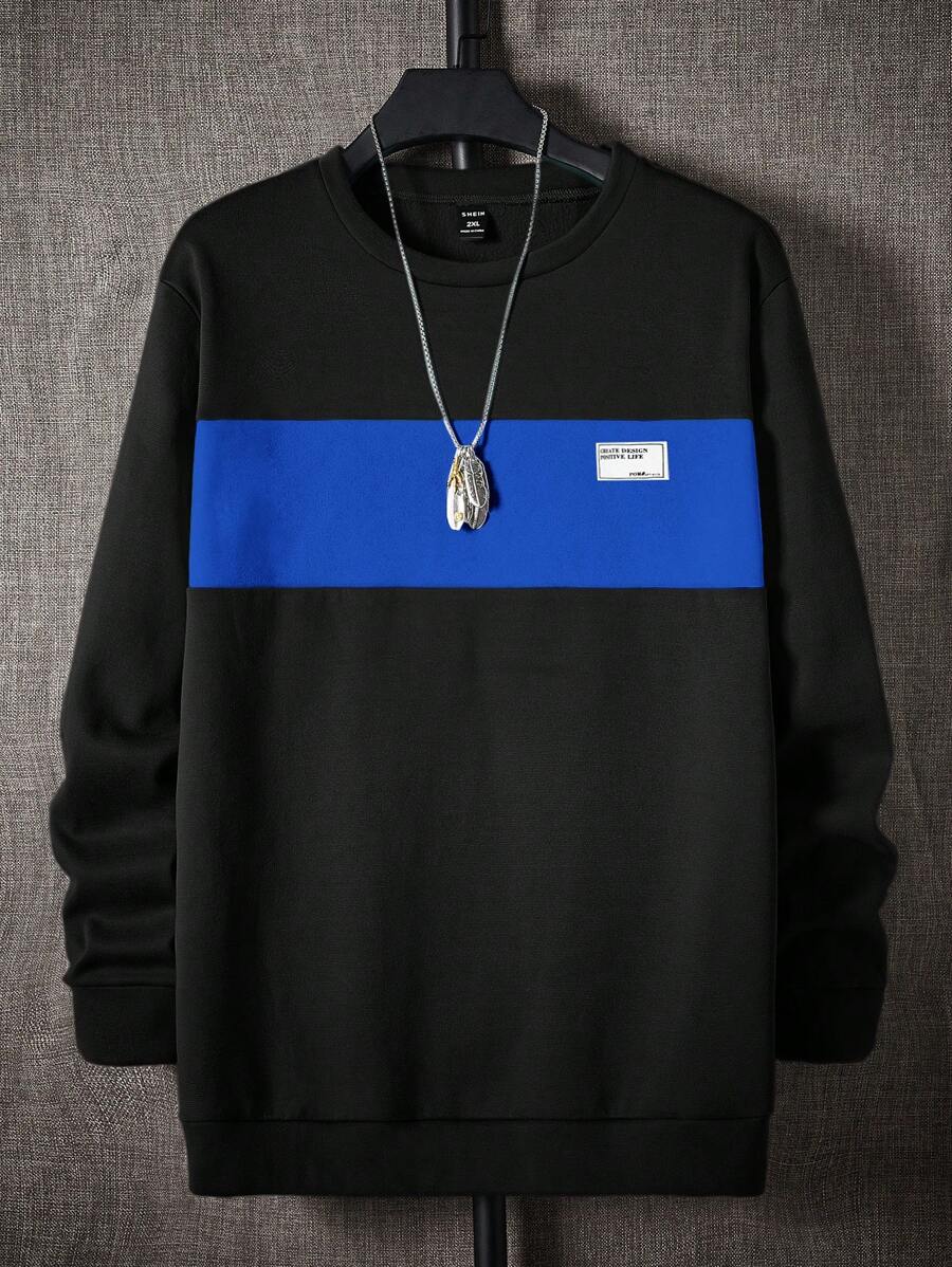 Manfinity VCAY Plus Size Men's Solid Color Patchwork Long Sleeve Casual Knit Sweatshirt - Blue - View 1