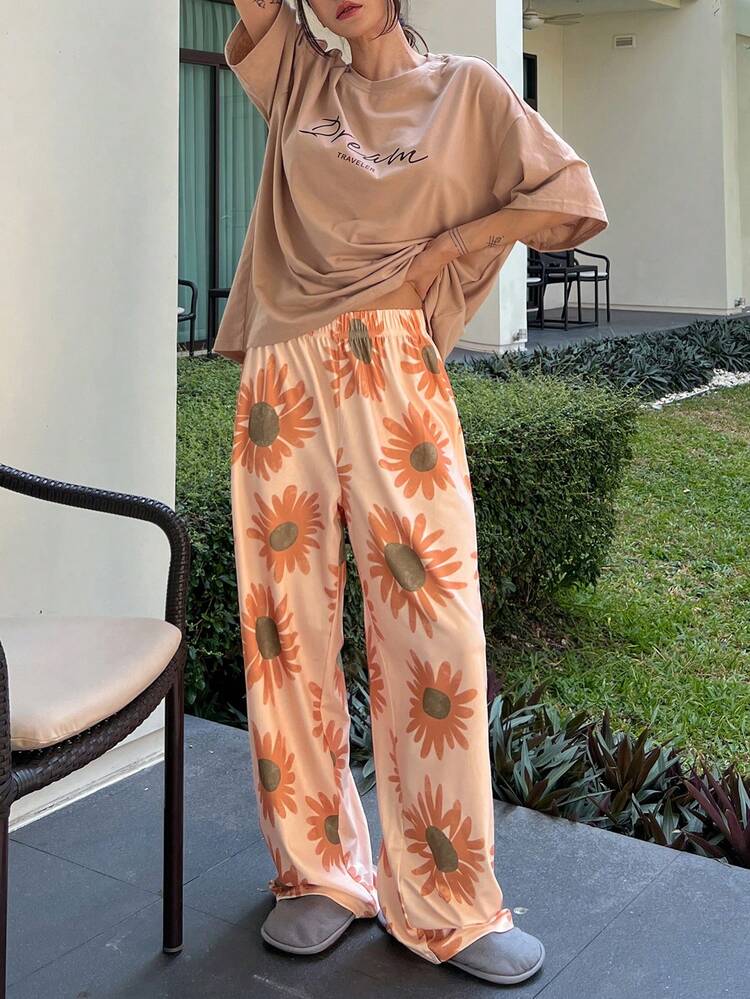 2pcs Printed Short Sleeve Loose Pajama Set For Women