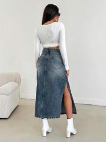RueChic WOMEN HIGH WAIST SLASH DETAIL MAXI SKIRT - Medium Wash - View 2
