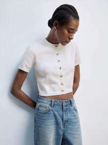 Maija 2026 Spring & Summer Outfits New All-White Knitted Crochet Round Neck Front Open Single-Breasted Metal Bow Button Soft Cardigan Sweater, Modern Elegant Urban Romantic Western Punk Country Music Festival Vintage Style Travel Street Wedding Guest Birthday Business Casual Office Date Party Outing Airport Back To School,Valentine Clothes - White - View 6