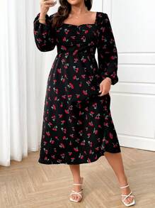 SHEIN Clasi Plus Size Women Elegant Romantic Cherry Print Open Back Split Dress - Black - View 4