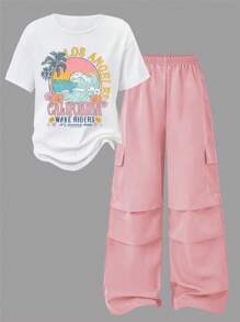SHEIN Explorewe 2 件套青少年女孩休闲时尚校园街头风格图形图案简约落肩短袖连体裤套装 - 彩色 - 查看 2