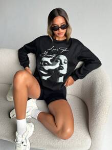 SHEIN Essnce Women's Casual Letter & Figure Print Round Neck Drop Shoulder Long Sleeve Sweatshirt In Fall/Winter - Black - View 2